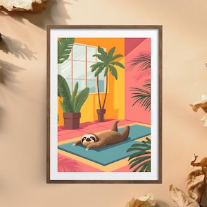 Arte de pared de yoga con perezoso / Póster de perezoso lindo / Decoración de habitación de yoga tropical / Arte digital relajante con perezoso / Ilustración minimalista de perezoso / Selva