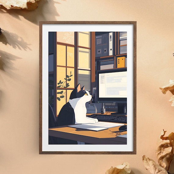 Cat Working at Desk Poster | Cute Cat Office Art | Cat at Computer Wall Art | Cozy Office Decor | Digital Cat Art Print | Anime Style Cat