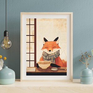 Cozy Fox with Noodles Poster | Cute Fox Wall Art | Japanese Style Fox Print | Adorable Fox Illustration | Anime Fox Art | Digital Wall Art