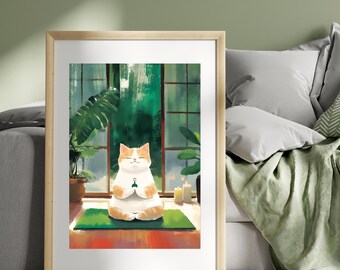 Zen Cat Meditation Poster | Peaceful Cat Wall Art | Relaxing Zen Animal Decor | Cute Cat Digital Art | Meditation-Themed Cat Illustration