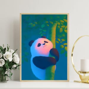 Süßer Panda umarmt Baum Poster | Wunderliche Panda Wand Kunst | Verträumte Wald Panda Illustration | Gelassenes Tier Kunstdruck | Pastellfarben