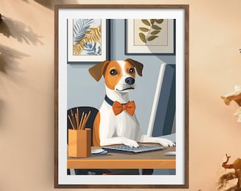 Office Dog Digital Wall Art | Whimsical Dog Poster | Dog at Work Illustration | Cute Animal Office Decor | Minimalist Dog Artwork for Home