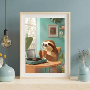 Art mural confortable en train de boire du café | paresseux mignon avec du café | Impression d'art relaxante paresseux | Illustration d'un adorable paresseux | Fantastique