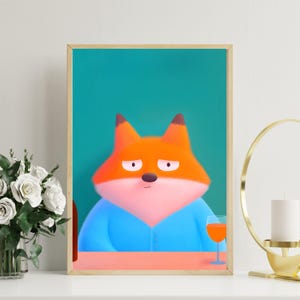 青いカーディガンを着たかわいいキツネのポスター | 気まぐれなキツネの壁アート | 面白いキツネのアートプリント | 心地よい動物のイラスト | 愛らしい漫画キツネの装飾