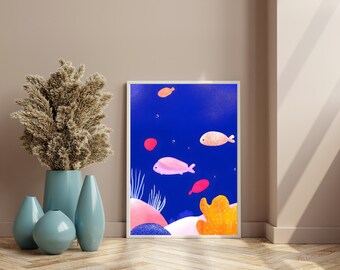 Vibrant Underwater Fish Poster | Colorful Marine Life Wall Art | Whimsical Ocean Illustration | Fun Fish Digital Print | Cute Aquarium Decor