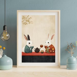 Japanische Teezeremonie Häschenkunst | Niedliches Kaninchen Wandkunst | Poster Japanisches Häschen | Kawaii Tier Kunst | Traditionelles Japanisches Dekor