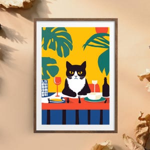 Whimsical Cat Dinner Party Poster | Cat Wall Art | Colorful Cat Illustration | Modern Cat Decor | Vibrant Cat Art Print | Playful Cat