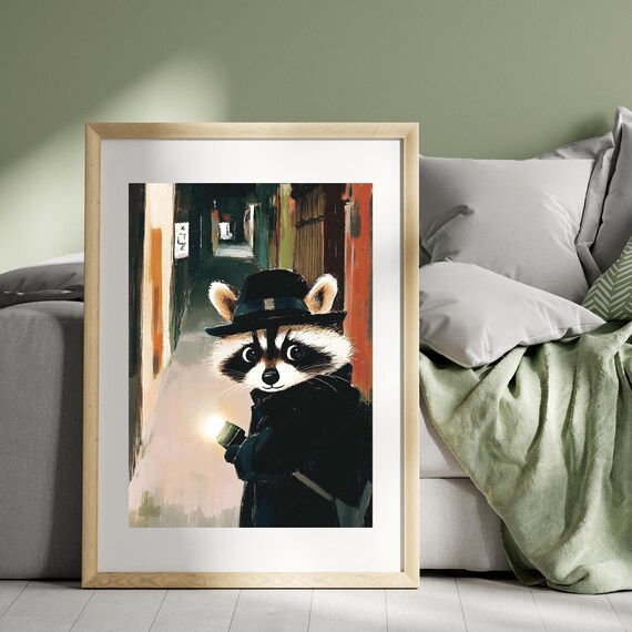Detective Raccoon Alley Poster Noir Raccoon Wall Art Cute