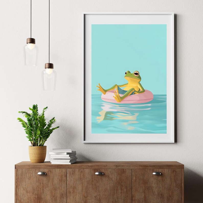 May include: A green frog wearing sunglasses sits on a pink inflatable ring in a blue pool. The frog is relaxing and has its legs outstretched. The water is clear and blue, and the sky is a light blue.