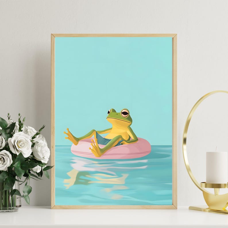 May include: A green frog wearing a blue swimsuit floats on a pink inflatable ring in a blue pool. The frog is looking to the right and has its arms crossed. The background is a light blue.