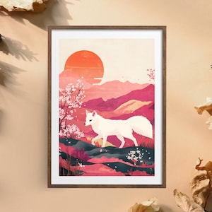 Japanese White Fox Poster | Japanese Fox Poster | White Fox Wall Art | Japanese Vintage Wall Art | Art Fox Japanese | Cute Anime Art