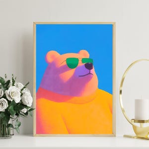 Cool Bear Wall Art | Bear with Sunglasses Poster | Vibrant Bear Digital Art | Fun Animal Wall Art | Colorful Bear Print