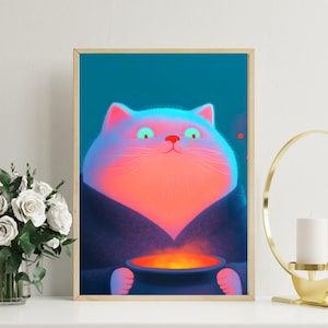 Mystical Cat with Cauldron Poster | Magical Cat Wall Art | Anime Cat Art Print | Cute Fantasy Wall Decor | Whimsical Cat Illustration