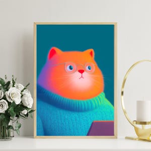 かわいいオレンジ色のトラ猫のポスター | 学術的な猫の壁アート | ネオン猫のイラスト | 気まぐれな猫のアート | デジタル猫のプリント