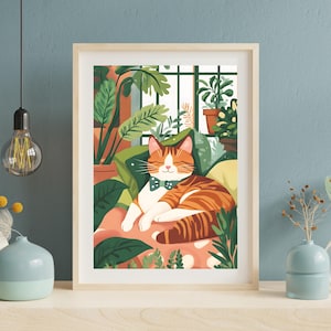 Gemütliche Katze im botanischen Garten | Süße Katzenwandkunst | Poster Katze | Katze mit Fliege Art | Grün und Katzen Illustration | Bezaubernd