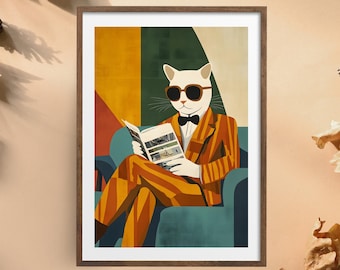 Classy Cat Wall Art | Cat in Suit Poster | Sophisticated Cat Illustration | Modern Animal Digital Print | Stylish Cat Wall Decor | Retro Cat