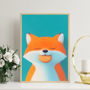 Póster de zorro adorable con galleta / Arte de pared de zorro adorable / Impresión de ilustración de zorro / Arte animal caprichoso / Decoración acogedora para habitación infantil