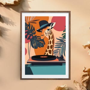 Girafe élégante avec chapeau et tourne-disque vinyle | Art mural girafe rétro | Décoration animalière cool | Poster girafe branché de Zazzle.be Liste d'envies Vous avez des idées ? Art numérique unique