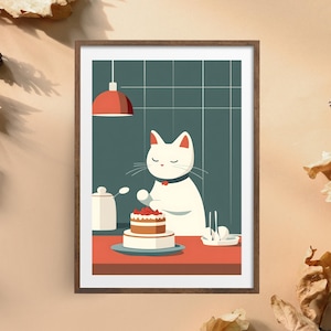 Cute Cat Baking Cake Poster | Adorable Cat Kitchen Art | Whimsical Cat Wall Art | Cute Animal Art | Digital Kitchen Decor