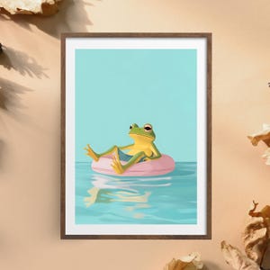May include: A green frog wearing blue shorts relaxes on a pink inflatable ring in a blue pool of water.