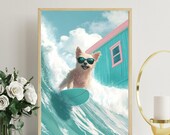 Surfing Dog Wall Art | Cute Surfing Dog Poster | Fun Surfing Dog Digital Print | Beach House Decor | Surfing Pet Art | Ocean Wave Art | Dog