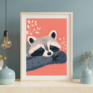 Poster di un simpatico procione addormentato / Adorabile arte murale di un procione / Decorazione di animali del bosco / Arte per la cameretta dei bambini / Stampa digitale di animali