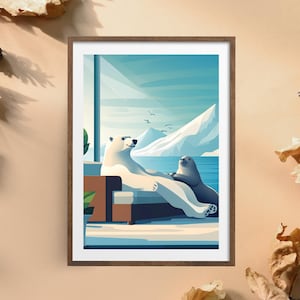 Polar Bear and Seal Relaxing Art | Arctic Animal Wall Art | Polar Bear Poster | Seal Poster | Cute Animal Art | Winter Wonderland Decor