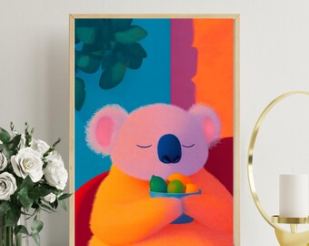 Adorable Koala with Fruit Bowl Poster | Vibrant Koala Digital Art | Whimsical Nursery Wall Decor | Playful Animal Illustration | Colorful