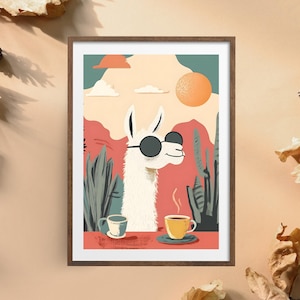 Cooles Lama mit Sonnenbrille Poster | Lama Trinkt Kaffee Wandkunst | Niedliches Lama Kunstdruck | Spaß Tier Dekor | Lustige Lama Illustration