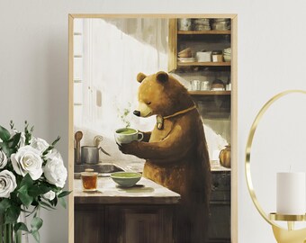 Cozy Bear Kitchen Art Print | Cute Bear Drinking Tea Poster | Whimsical Animal Wall Art | Adorable Bear Illustration | Rustic Kitchen Decor