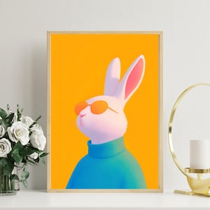 Cool Rabbit with Sunglasses Poster | Trendy Rabbit Wall Art | Cute Bunny Digital Art | Modern Animal Illustration | Fun Rabbit Decor