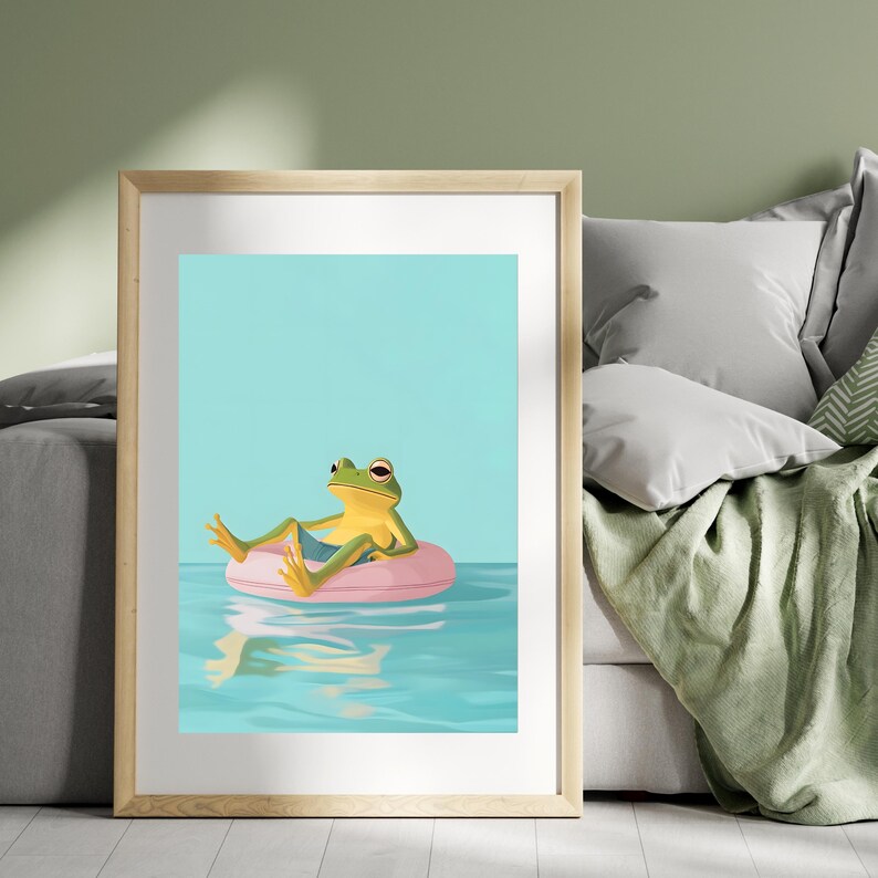 May include: A green frog wearing a blue swimsuit floats on a pink inflatable ring in a blue pool. The frog is looking to the right of the image.