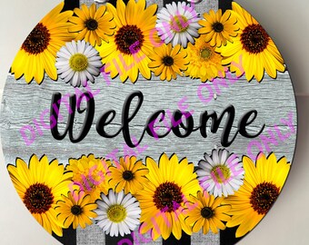 Digital PNG File Door Hanger round Welcome door sign with sunflowers for sublimation hardboard