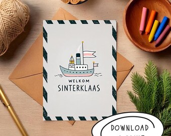 Sinterklaas stoomboot kaart | Printbaar Doe-het-zelf kaart | Directe Download