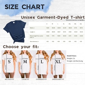 May include: A size chart for a unisex garment-dyed t-shirt featuring a navy blue t-shirt, a table with measurements in inches for sizes S through 4XL, and four white t-shirts on models labeled S, M, L, and XL with specific length and width dimensions.