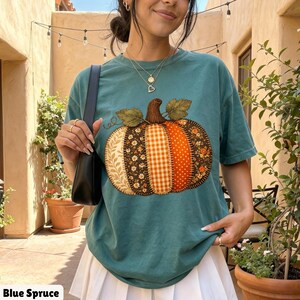 Faux Patchwork Fall Pumpkin Shirt, Comfort Colors Autumn Thanksgiving Shirt, Women Thanksgiving Shirt, Cute Gift Checkered Pumpkins Tee PS01