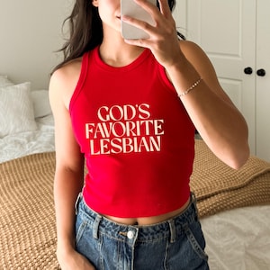 Lesbian Pride Shirt, God&#39;s Favorite Lesbian Cropped Micro Rib Tank Top, Feminist Sapphic LGBTQ Pride Party Crop Lesbian Pride Gift for Her