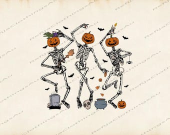 Retro Dancing Skeleton Pumpkin PNG, Halloween Fall Design (Digital Download)