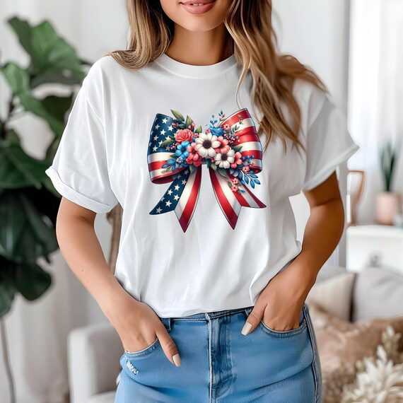 Women's American Flag Bow Tee – Patriotic Short Sleeve Shirt For 4th Of July, Blue