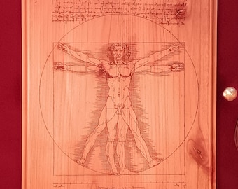 Vitruvian Man, Leonardo da Vinci, Illustration on Laser Engraved on Wood Plaque