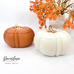 May include: Two ceramic pumpkin-shaped containers, one in a warm brown and the other in white, each with a gold-coloured stem. The pumpkins are part of a home décor collection, with orange flowers in a vase in the background.