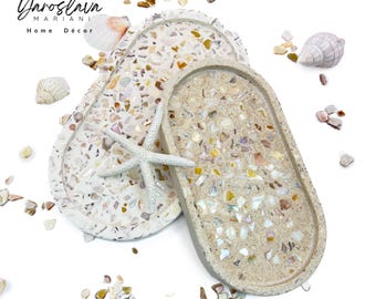 Seashell Terrazzo Trinket Tray: Handmade Jesmonite Coastal Decor