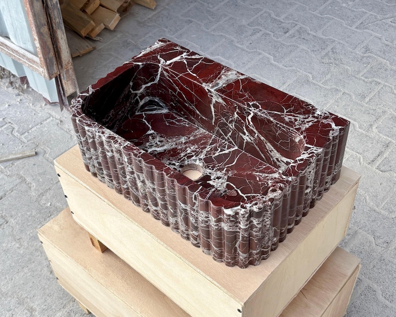 Rosso Levanto Marble Vessel Sink – Handcrafted Fluted Stone Sink – Luxury Red Marble Bathroom Basin image 1