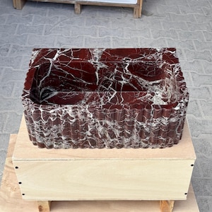 Rosso Levanto Marble Vessel Sink – Handcrafted Fluted Stone Sink – Luxury Red Marble Bathroom Basin image 2