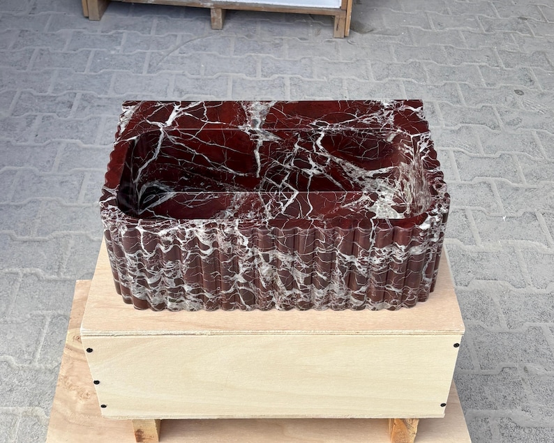 Rosso Levanto Marble Vessel Sink – Handcrafted Fluted Stone Sink – Luxury Red Marble Bathroom Basin image 2