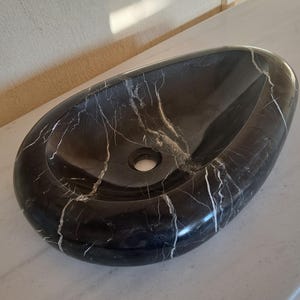 Nero Marquina Marble Sink, Egg Formed Vessel Sink, Handcarved Sink, Bathroom Sink, Farmhouse Sink, Custom Order Sink