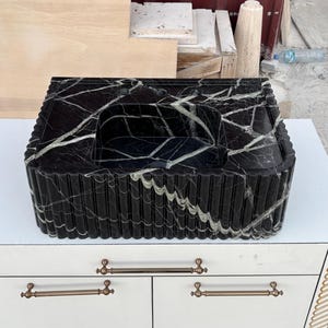 Ready to Ship!!! Nero Marquina Marble Sink, Wall Mounted Sink, Luxury Marble Sink, Ribbed Marble Sink, Black Marble Sink, Handcrafted Sink