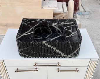 Handcrafted Nero Marquina Marble Sink: Black Ribbed Wall Mount (24x16x8)