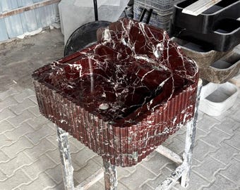 Handmade Rosso Levanto Marble Sink | Polished Fluted Bathroom Sink