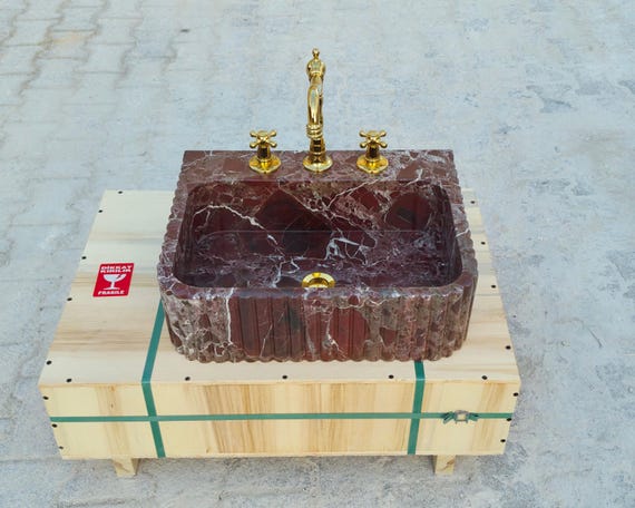 Hand Carved Rosso Levanto Marble Vessel Sink – Fluted Red Bathroom Sink